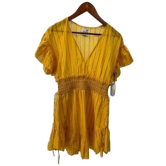 Saylor Adrienne Mini Dress Ruffle Short Sleeves Yarn Dye Stripe Yellow S NWT - Picture 1 of 11